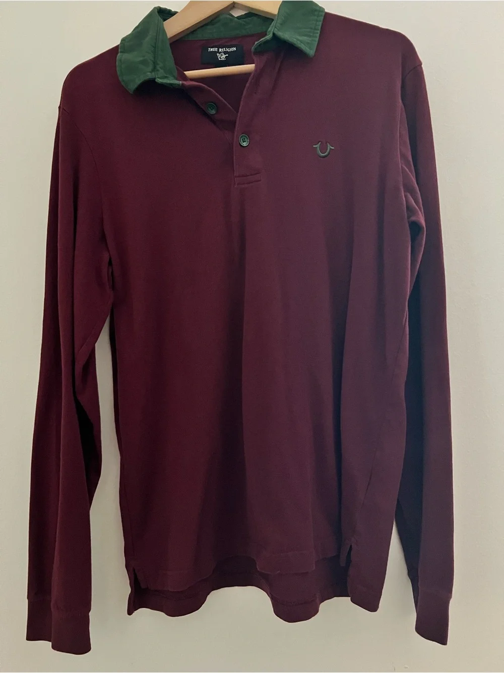 True Religion Men's Long-Sleeve Polo - Burgundy with Green Collar